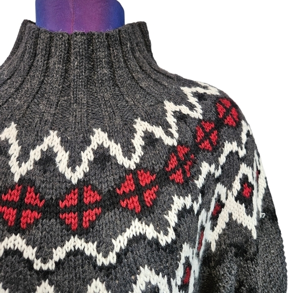 Moda Int'l Burgundy & Gray Nordic Fair Isle Mock Neck Sweater Women's Medium D47 - Picture 2 of 8